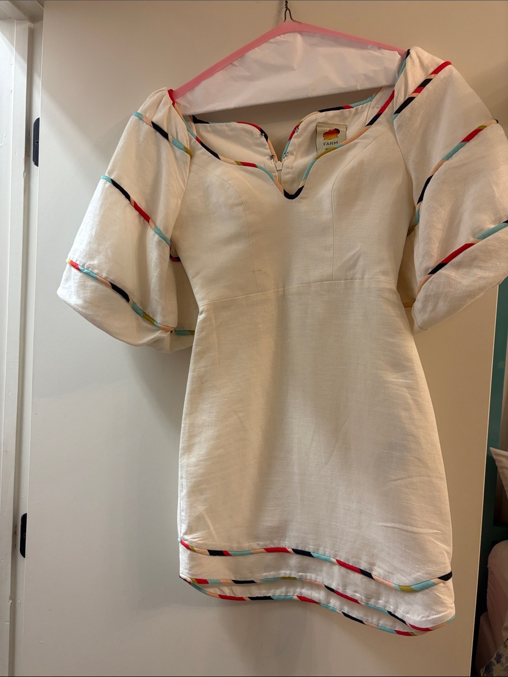 FARM Rio Cream Mini Dress with Multicolor Trim